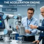 A project leader and manufacturing engineer inspect a complex, lightweight robotic arm structure featuring advanced thermal management details, symbolizing how precision sheet metal acts as an innovation accelerator for clean-tech and robotics hardware.