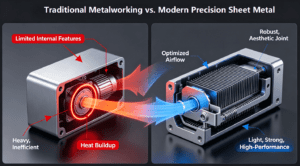 3D cross-section infographic comparing a simple, inefficient traditional metal enclosure (left) with a modern, high-performance precision sheet metal part (right) that integrates internal cooling fins, structural ribs, and robust joints, as detailed in the article’s sections on laser cutting, bending, and welding.
