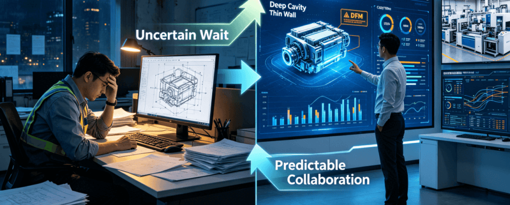 :A split-screen concept image contrasting traditional, uncertain CNC machining quotation with a modern, data-driven digital manufacturing platform providing a predictive blueprint.